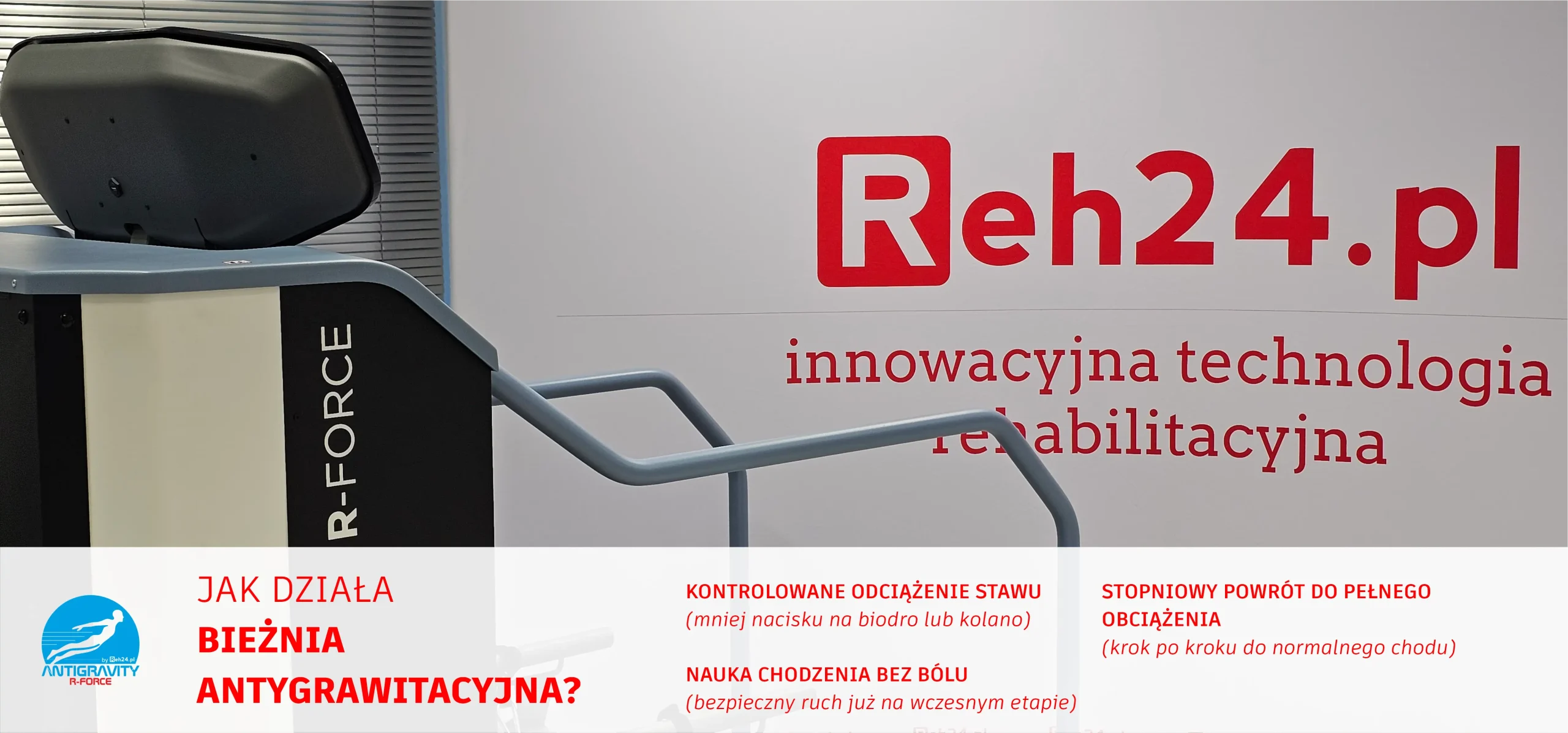 Rehabilitacja po endoprotezie – pacjent podczas treningu na bieżni antygrawitacyjnej R-Force w Reh24 Elbląg