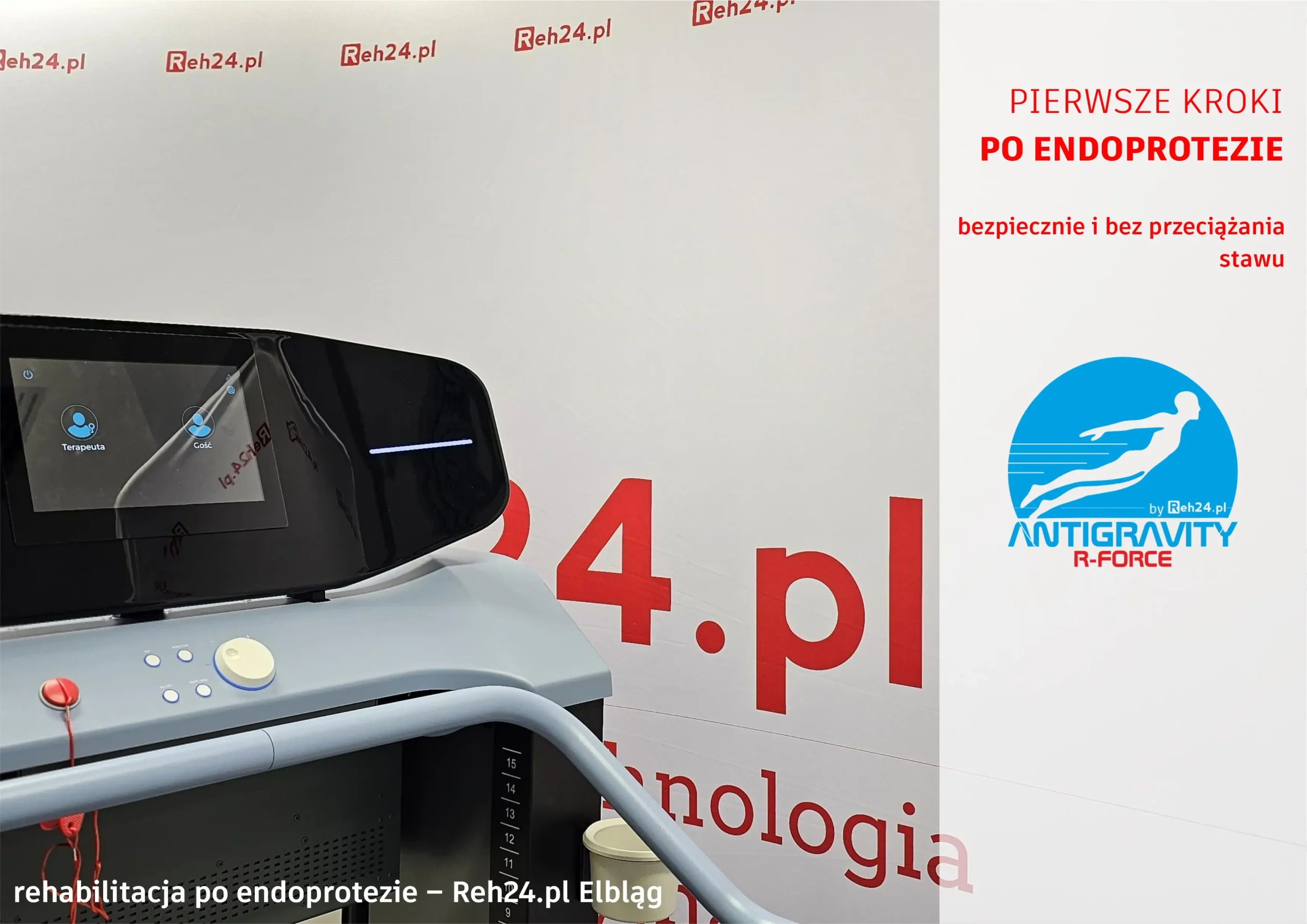 Rehabilitacja po endoprotezie – pacjent podczas treningu na bieżni antygrawitacyjnej R-Force w Reh24 Elbląg