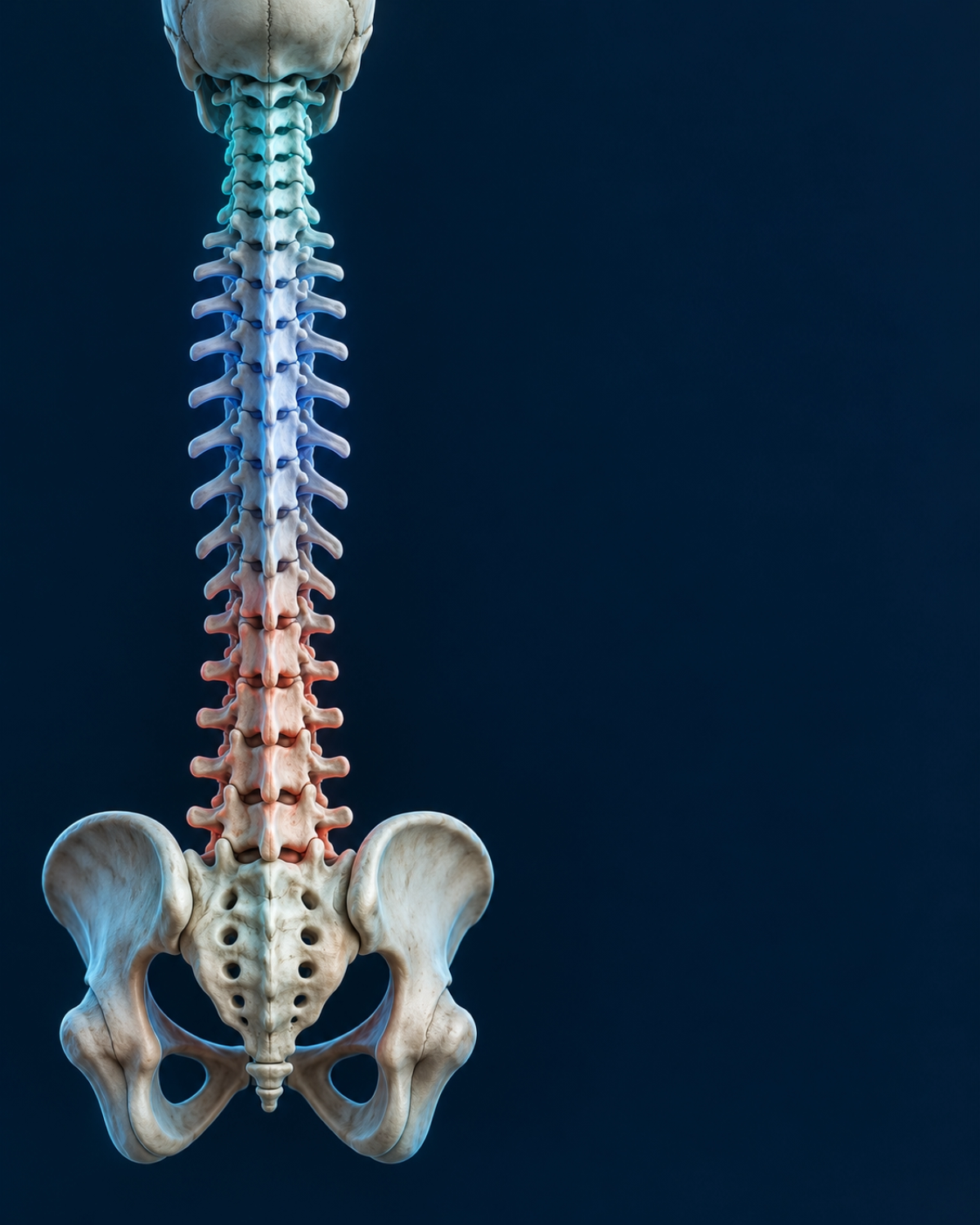 Anatomiczna wizualizacja kręgosłupa z podziałem na odcinek szyjny, piersiowy i lędźwiowy